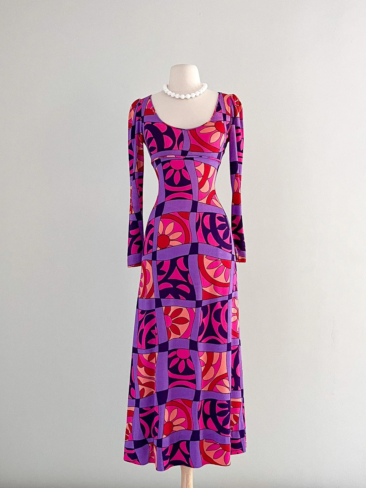 1970's Hot Pink & Magenta Psychadelic Print Maxi Dress / Sz S/M