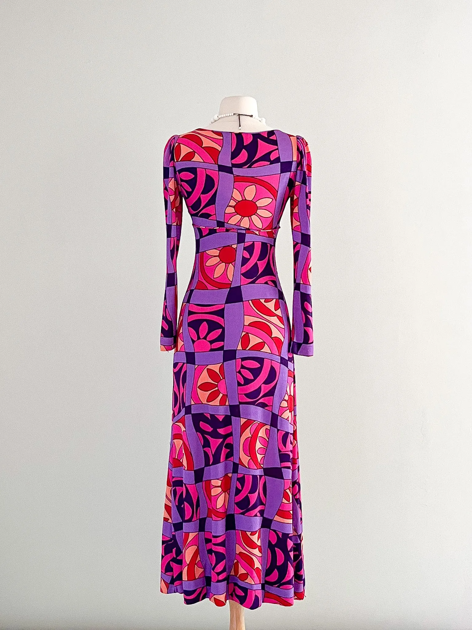 1970's Hot Pink & Magenta Psychadelic Print Maxi Dress / Sz S/M