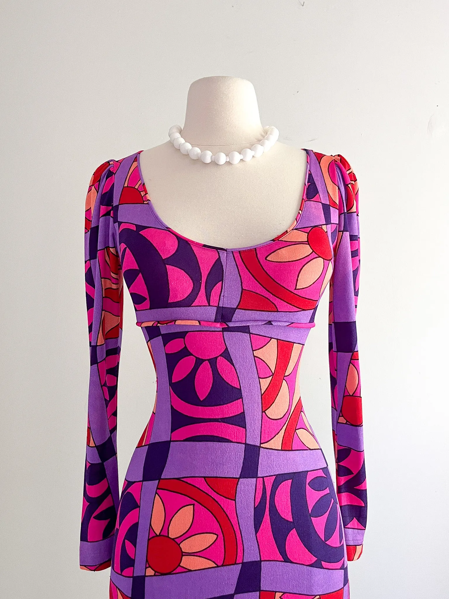 1970's Hot Pink & Magenta Psychadelic Print Maxi Dress / Sz S/M