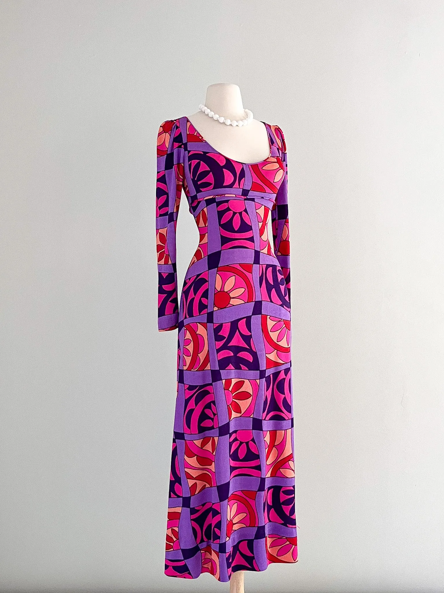 1970's Hot Pink & Magenta Psychadelic Print Maxi Dress / Sz S/M