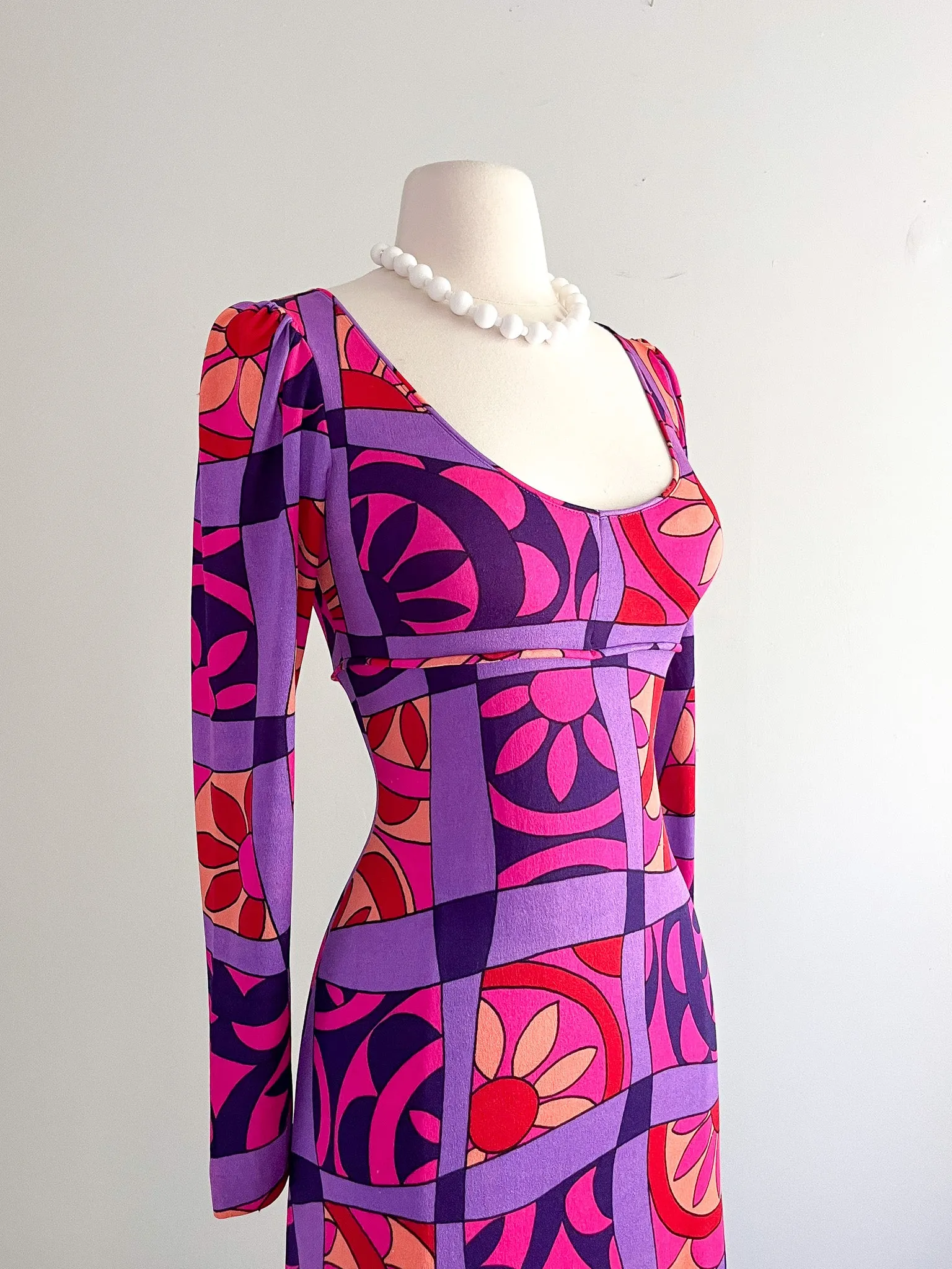 1970's Hot Pink & Magenta Psychadelic Print Maxi Dress / Sz S/M