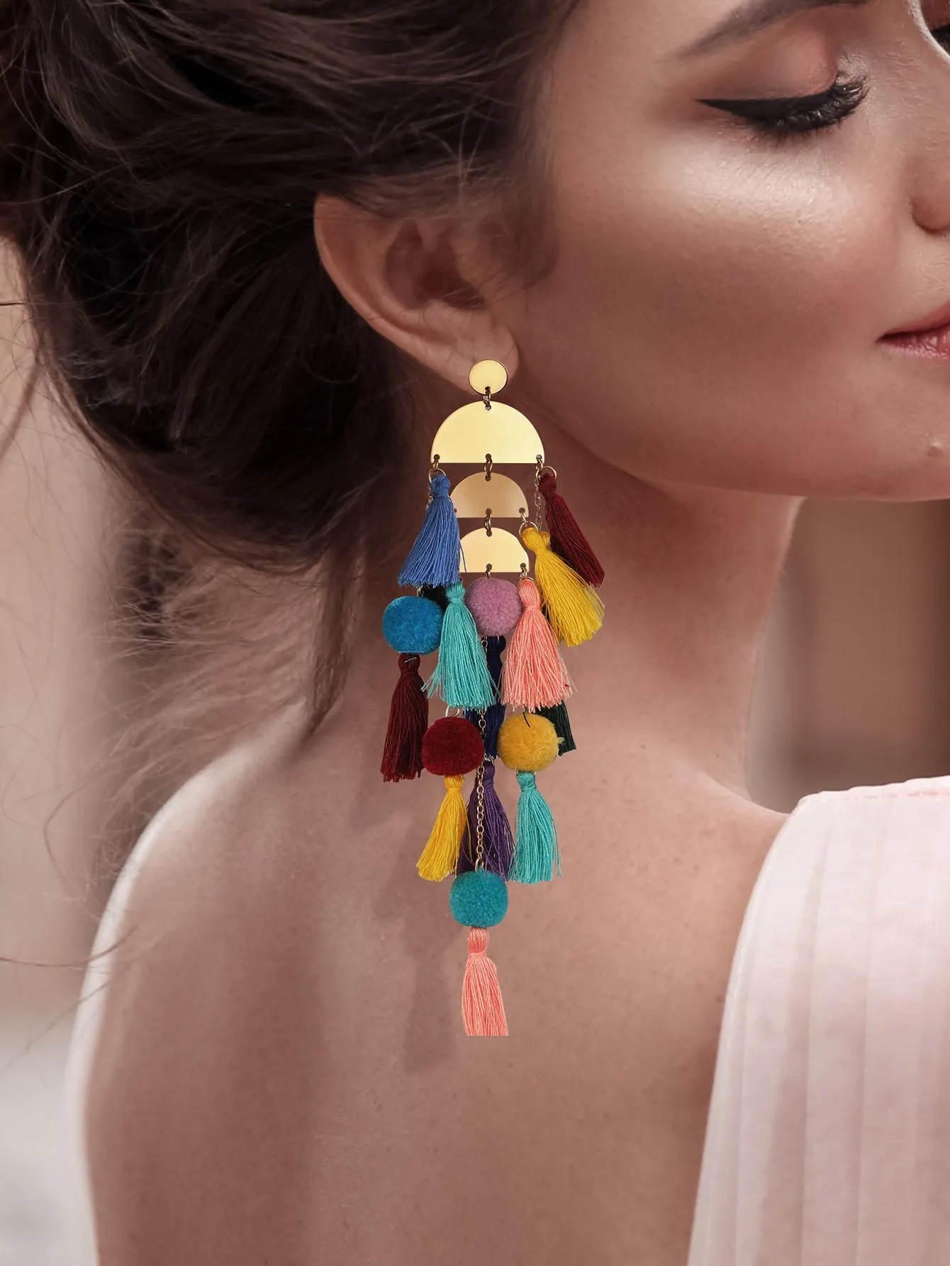 1pair Long Tassel Earrings Statement Bohemian Pom Ball Drop Dangle Earrings for Women Girls