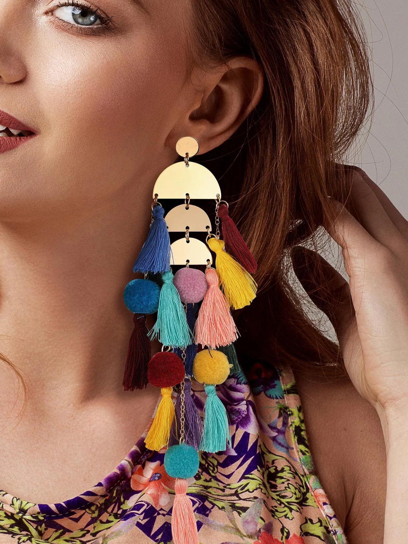 1pair Long Tassel Earrings Statement Bohemian Pom Ball Drop Dangle Earrings for Women Girls