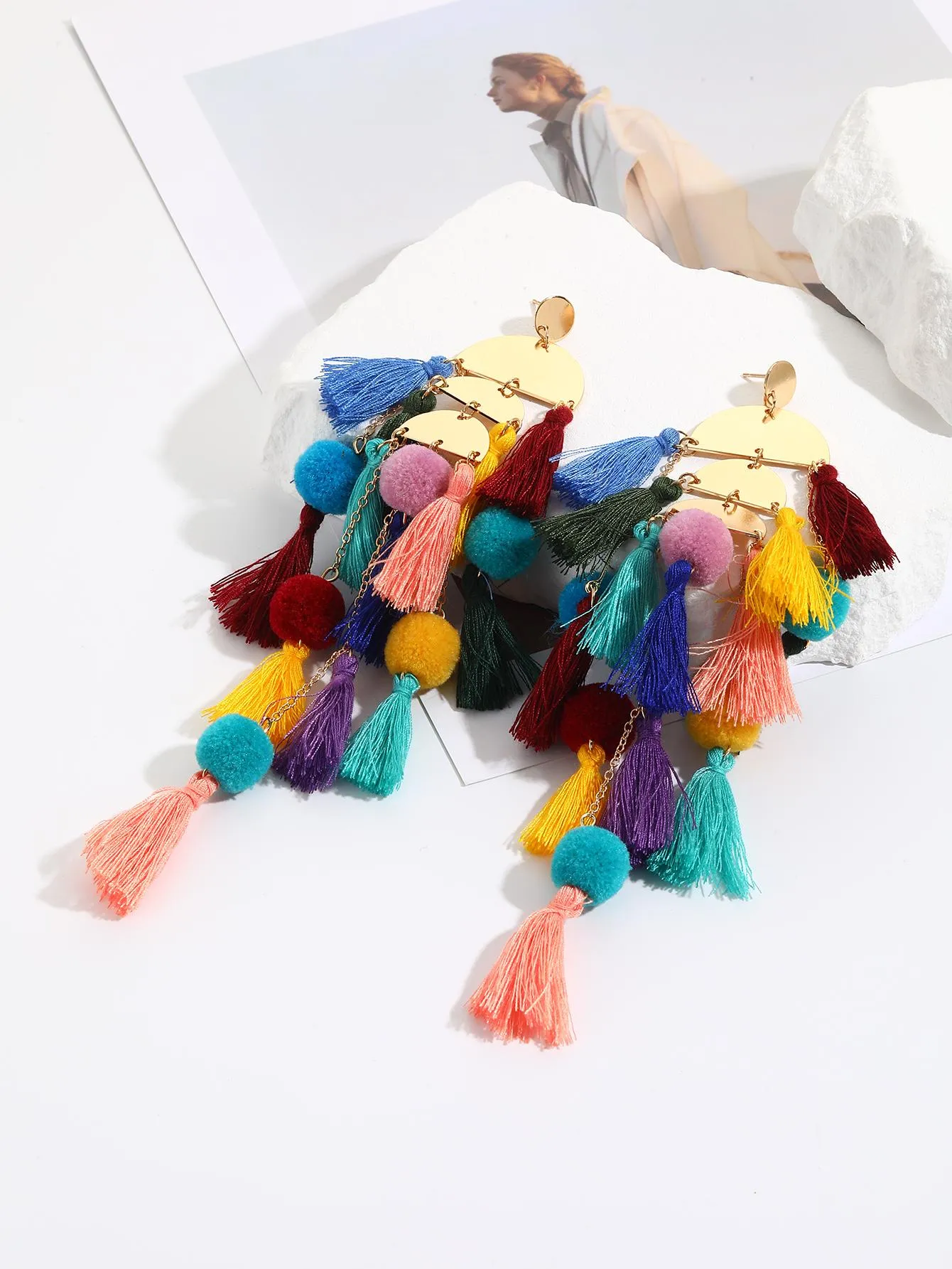 1pair Long Tassel Earrings Statement Bohemian Pom Ball Drop Dangle Earrings for Women Girls