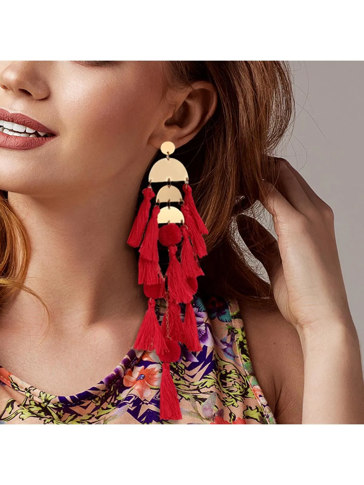 1pair Long Tassel Earrings Statement Bohemian Pom Ball Drop Dangle Earrings for Women Girls