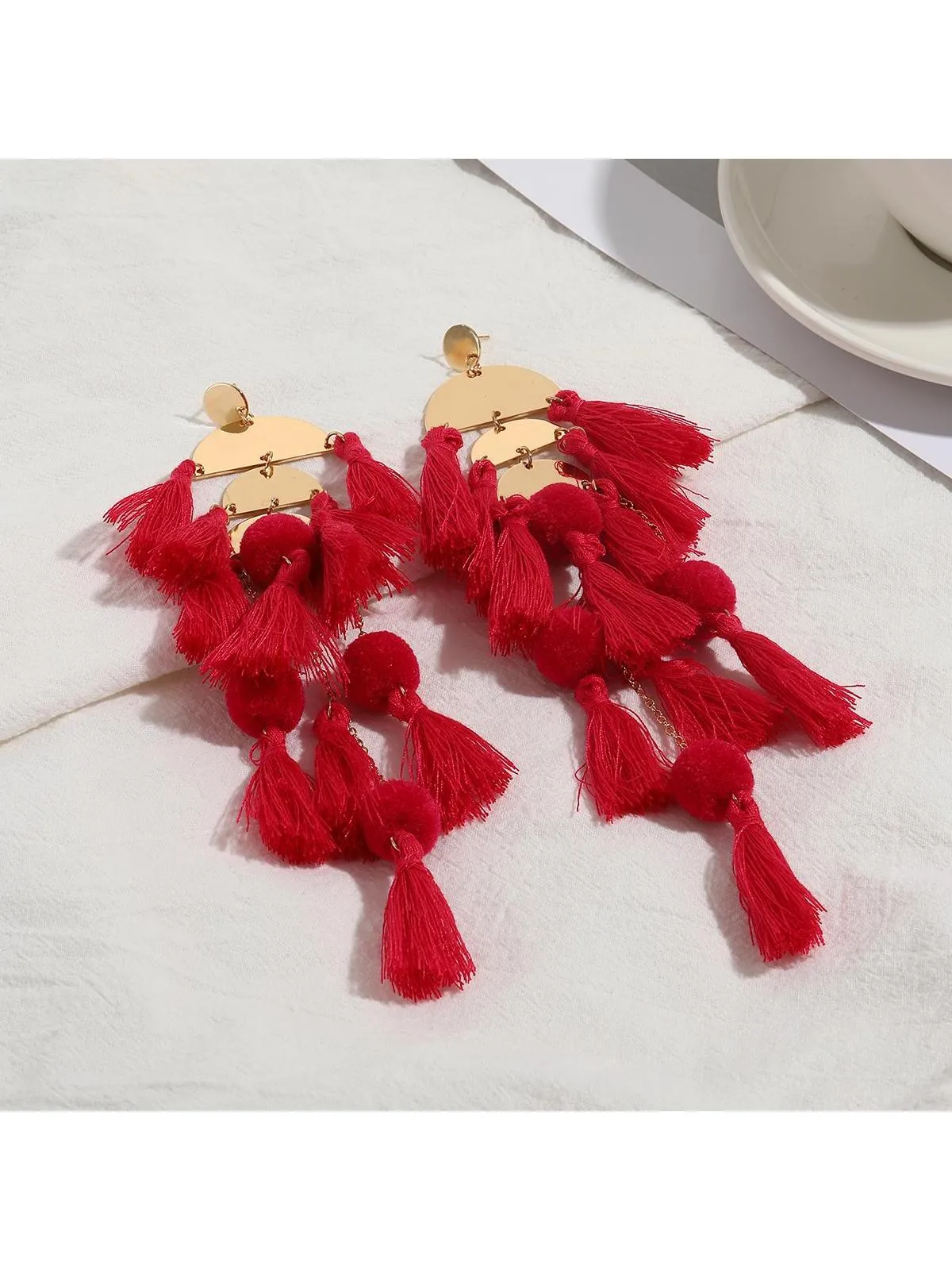 1pair Long Tassel Earrings Statement Bohemian Pom Ball Drop Dangle Earrings for Women Girls