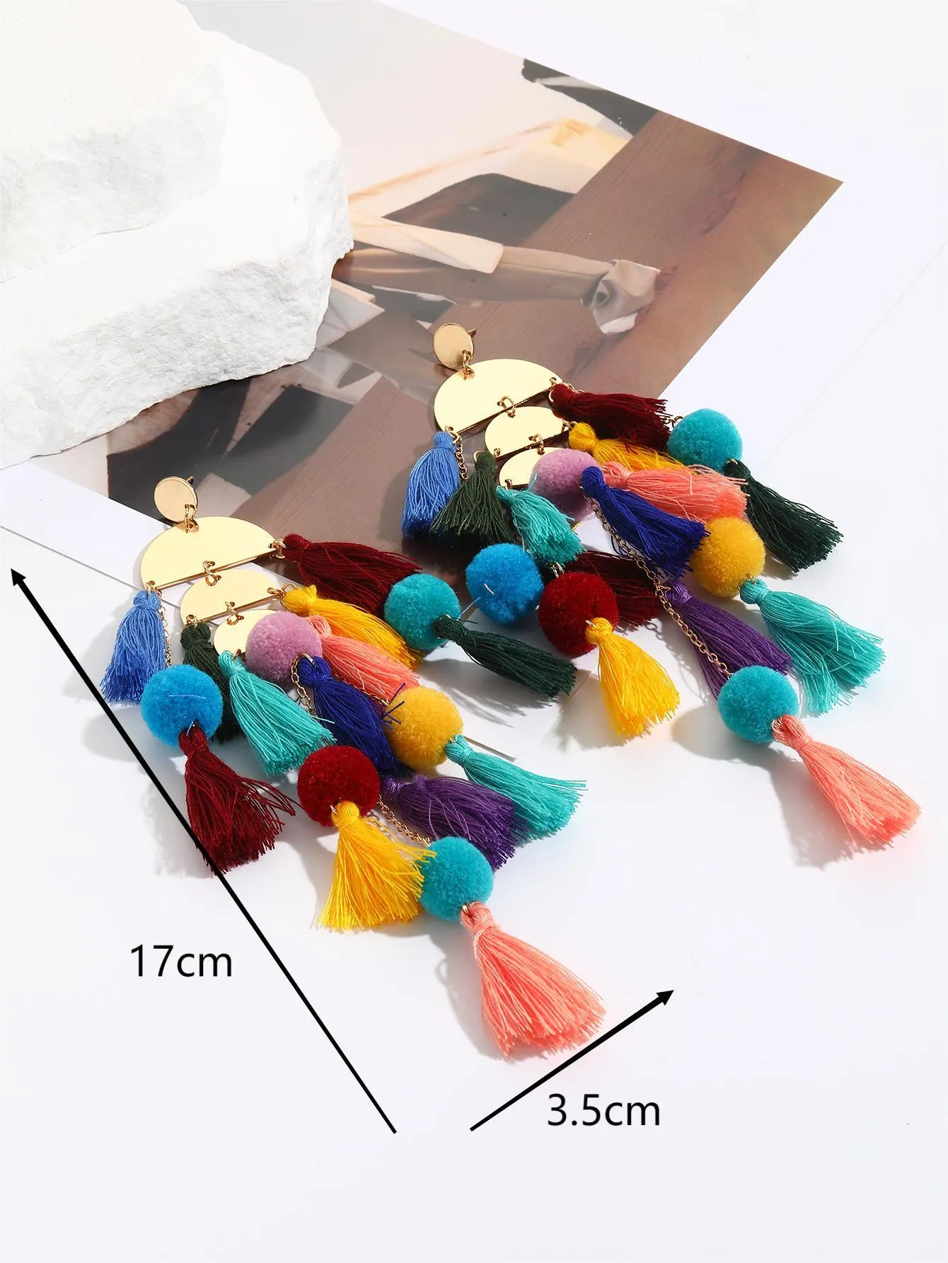 1pair Long Tassel Earrings Statement Bohemian Pom Ball Drop Dangle Earrings for Women Girls