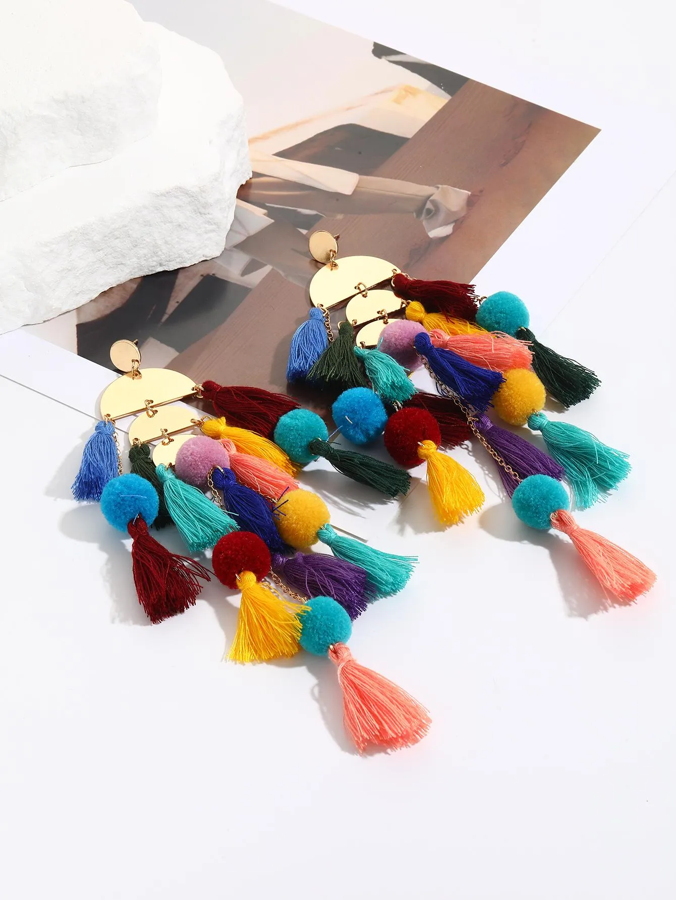 1pair Long Tassel Earrings Statement Bohemian Pom Ball Drop Dangle Earrings for Women Girls