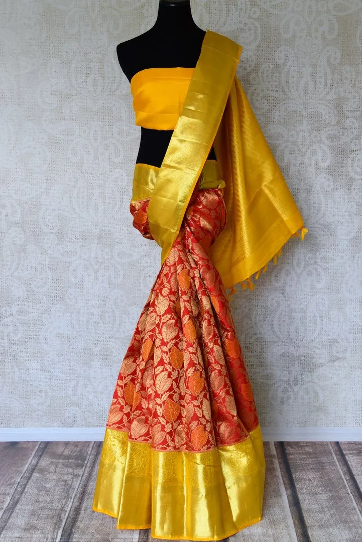 90L543 Red Zari Work Kanjeevaram Saree with Yellow Zari Border