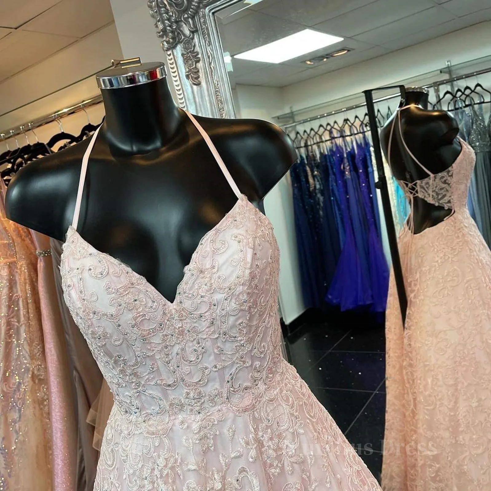 A Line V Neck Open Back Pink Lace Long Prom Dress, Pink Lace Formal Graduation Evening Dress