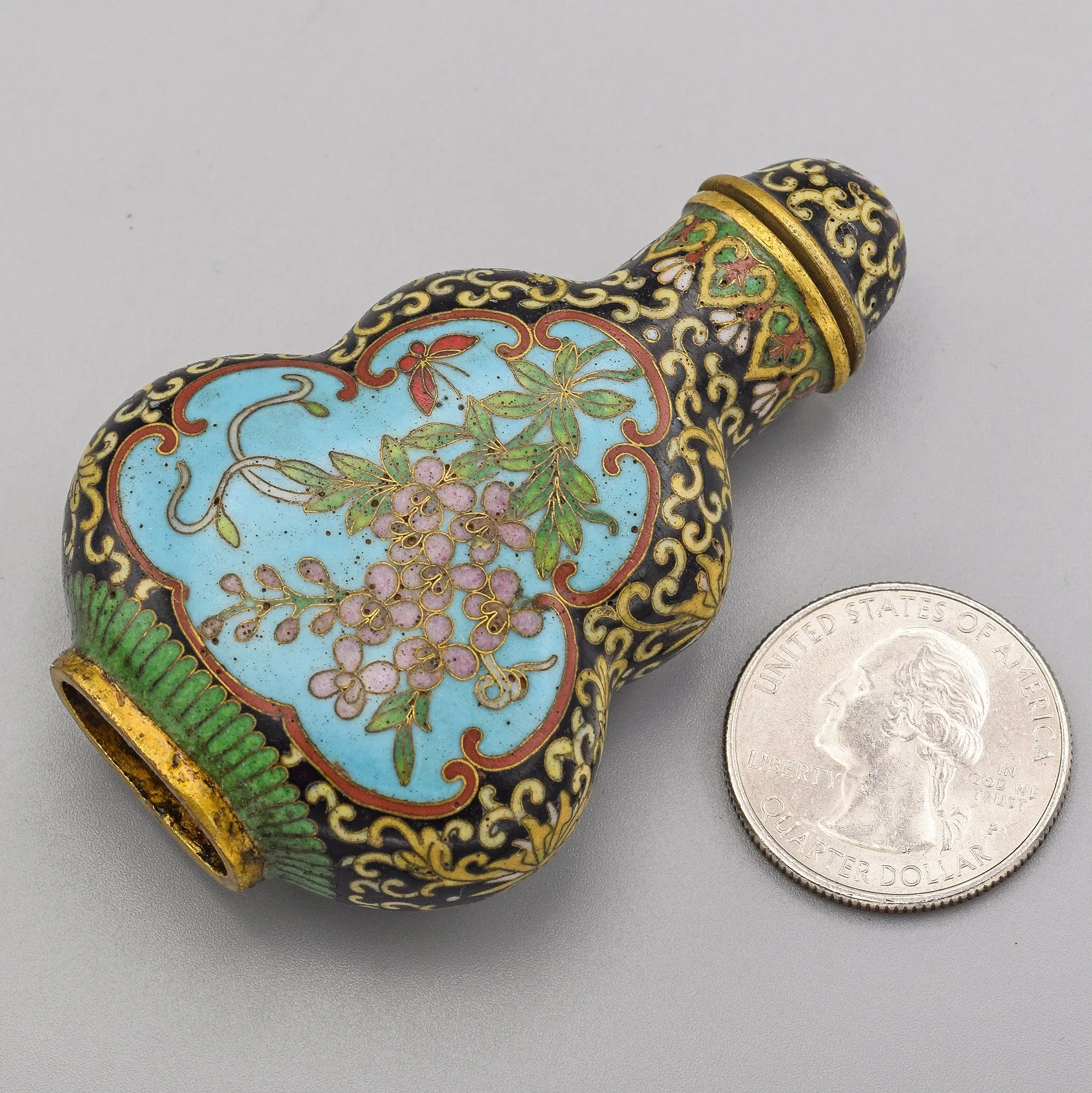 Antique Chinese Black Cloisonne Floral Snuff Bottle