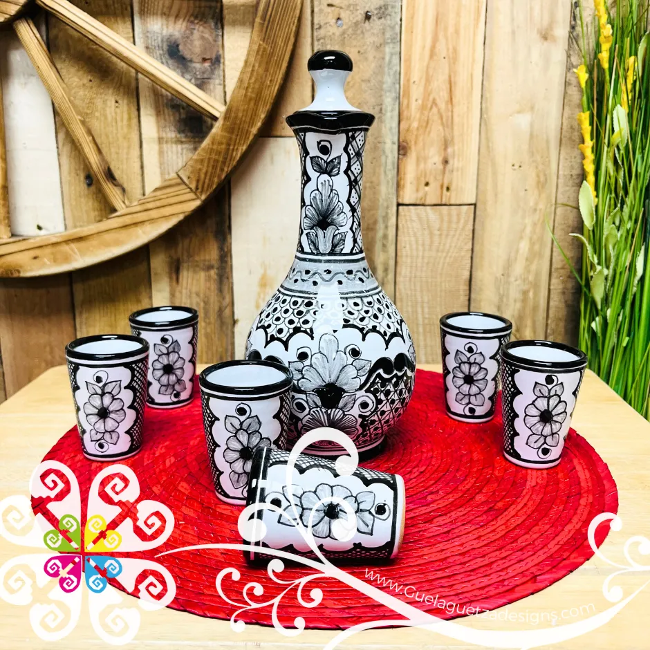 Black Flowers Talavera Set Tequilero