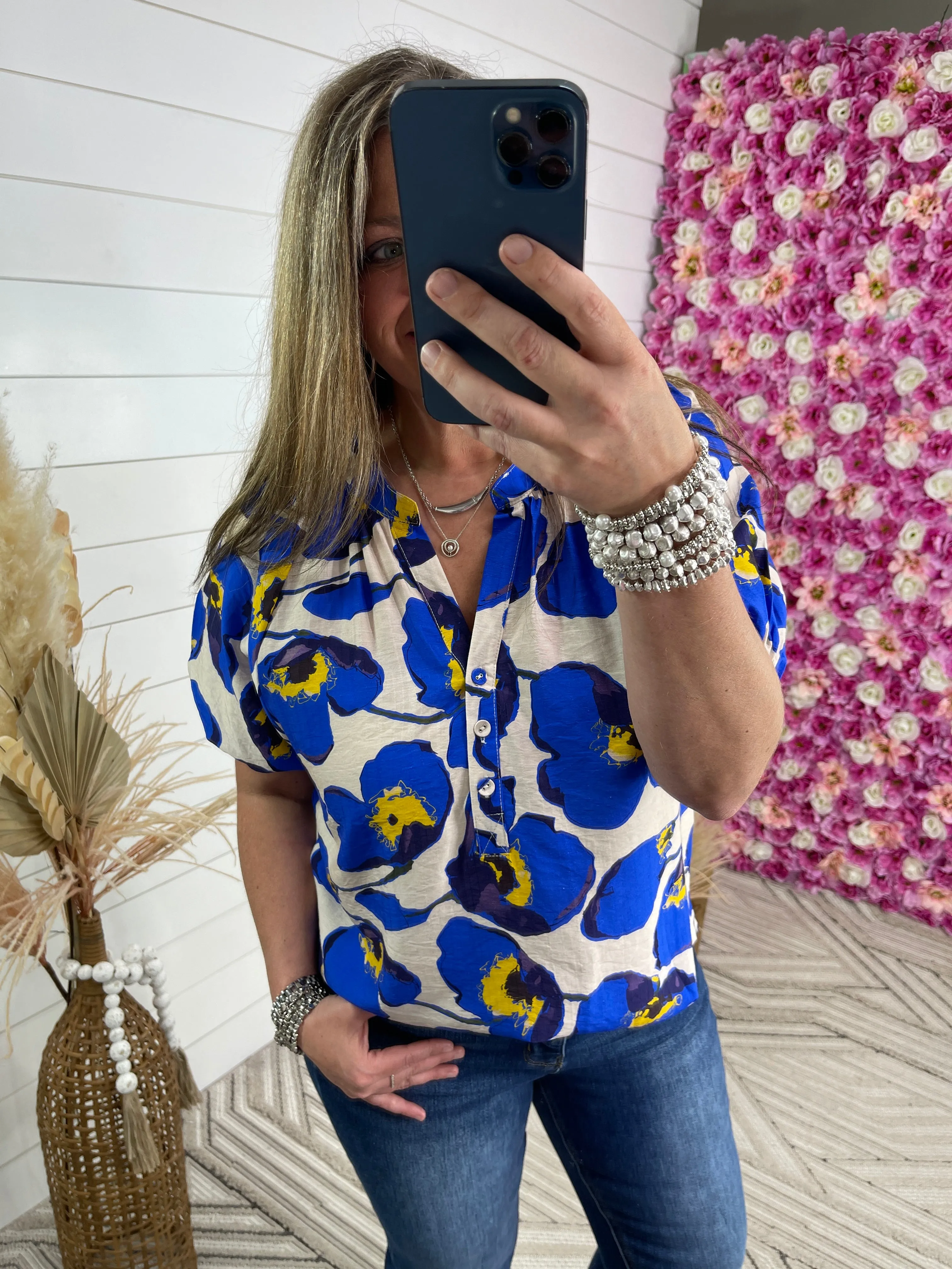 BLUE/YELLOW FLORAL V NECK BUTTON TOP