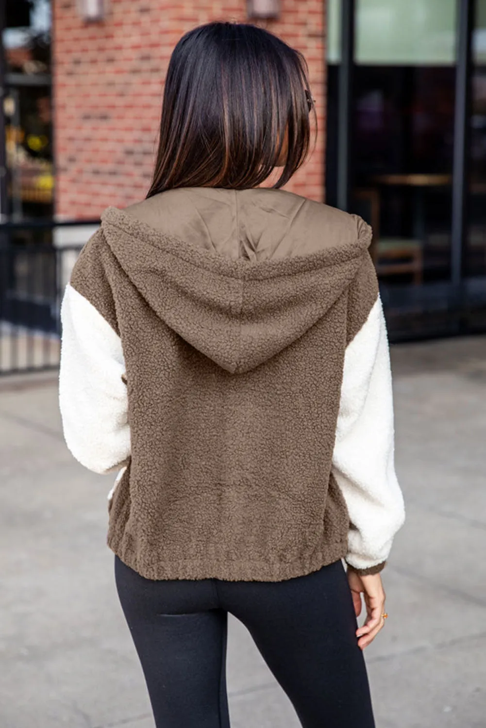 Brown Colorblock Hooded Zip-Up Pocketed Sherpa Jacket