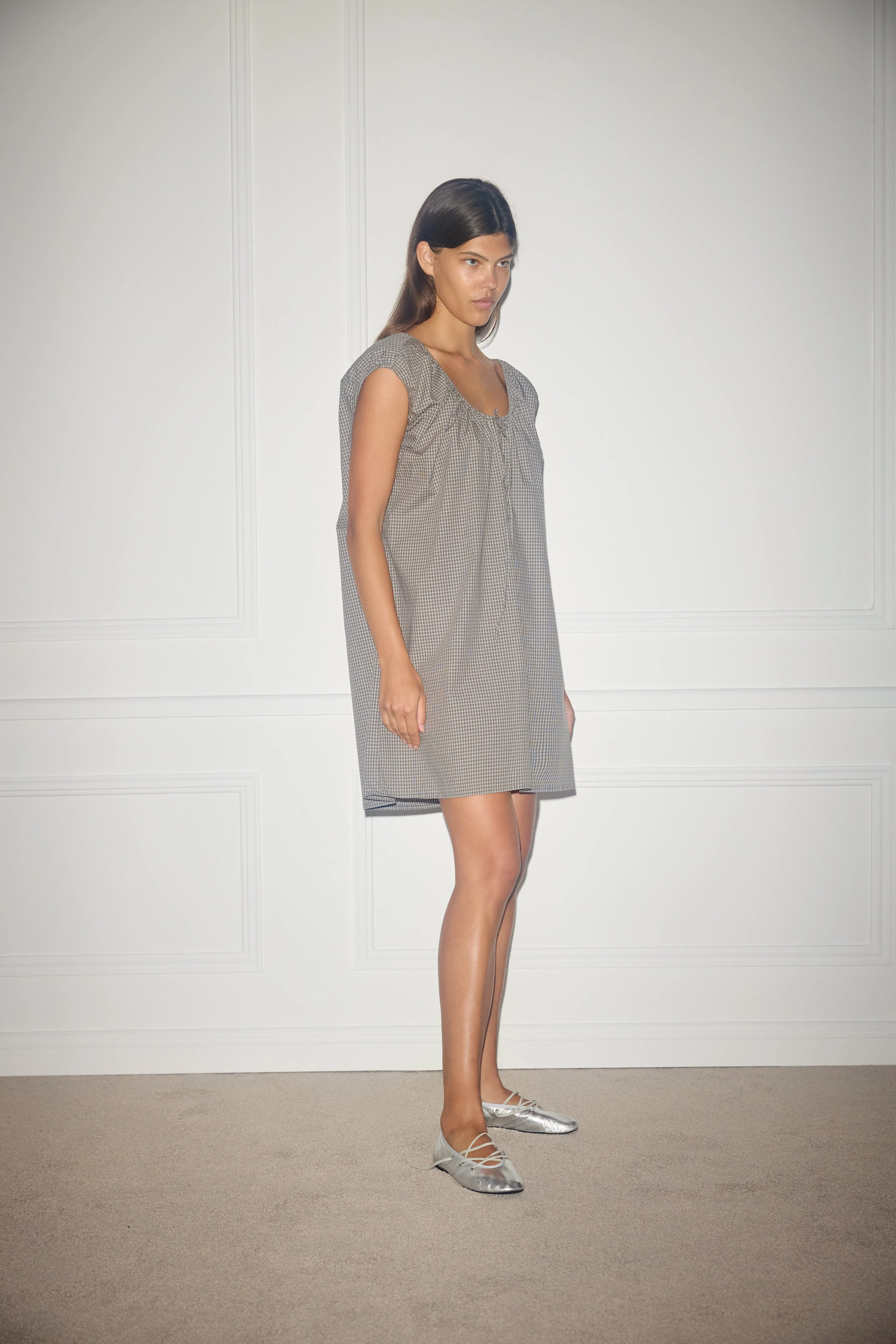 Capped Sleeve Dress - Khaki Check