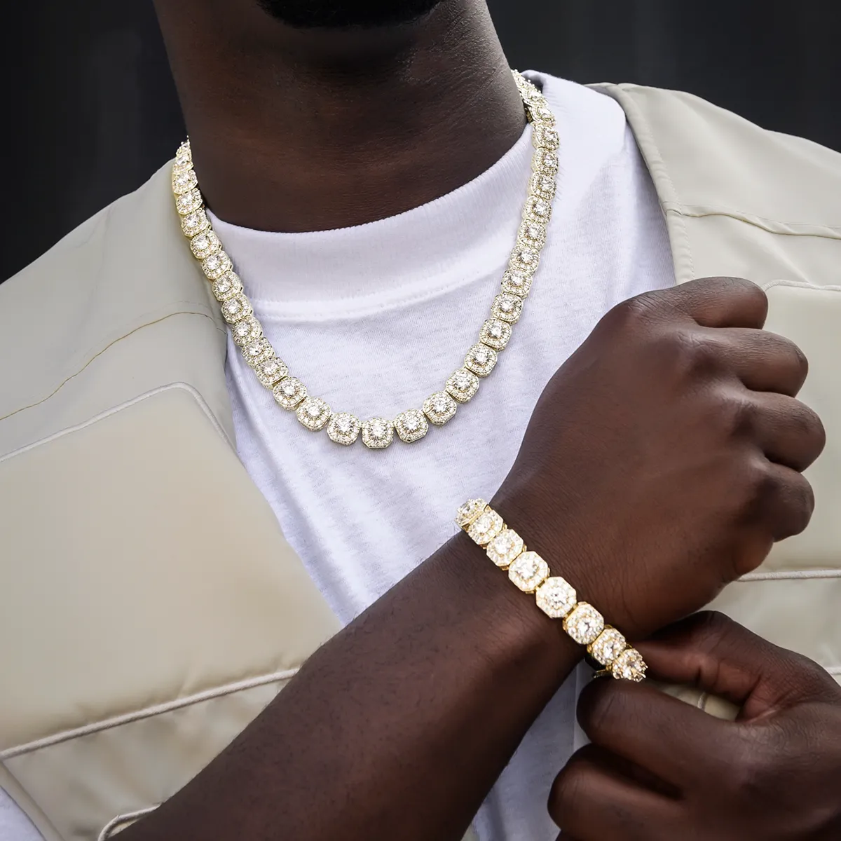 Clustered Tennis Chain   Bracelet Bundle in Yellow Gold- 12mm