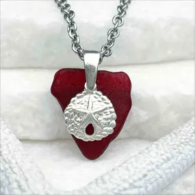 Deep Red Sea Glass Pendant with Sterling Silver Sand Dollar | 5246