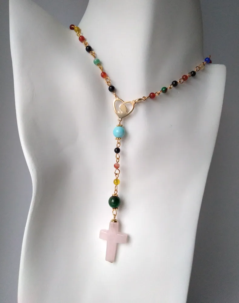 Gemstone Rosary with Rose Quartz Cross Necklace