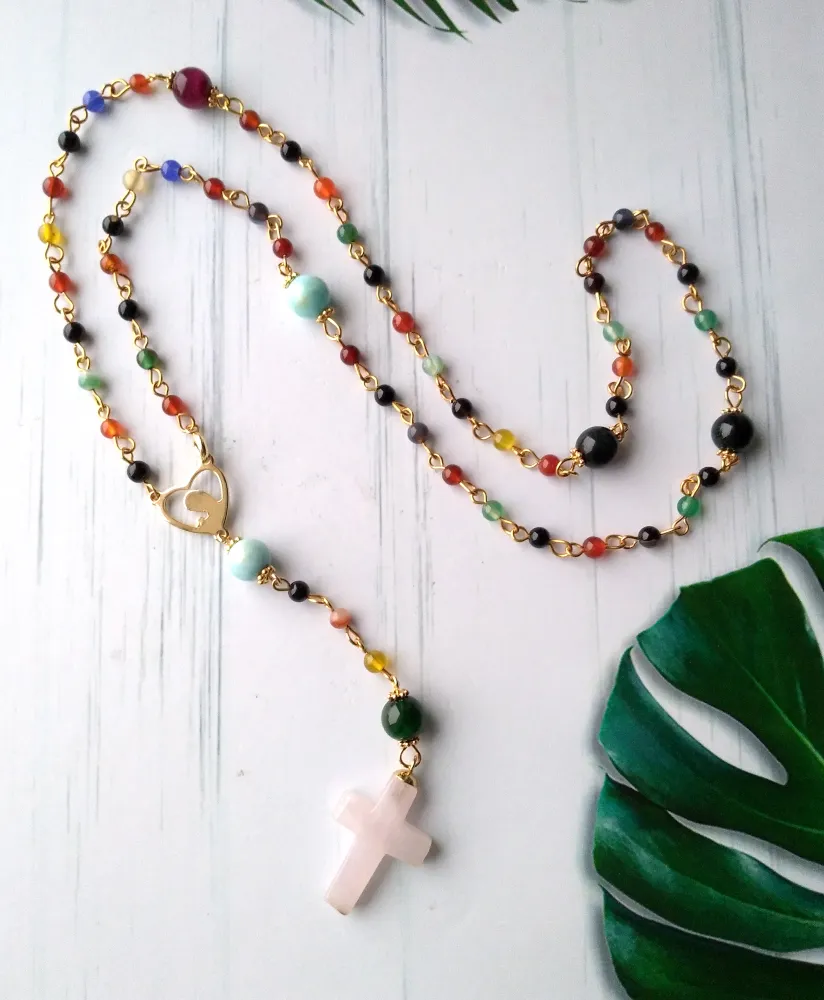 Gemstone Rosary with Rose Quartz Cross Necklace