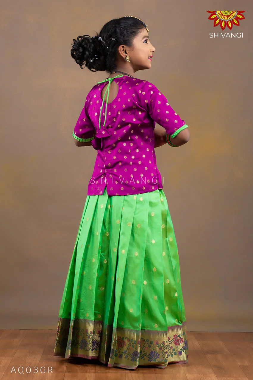 Girls Green Silk Paithani Pattu Pavadai