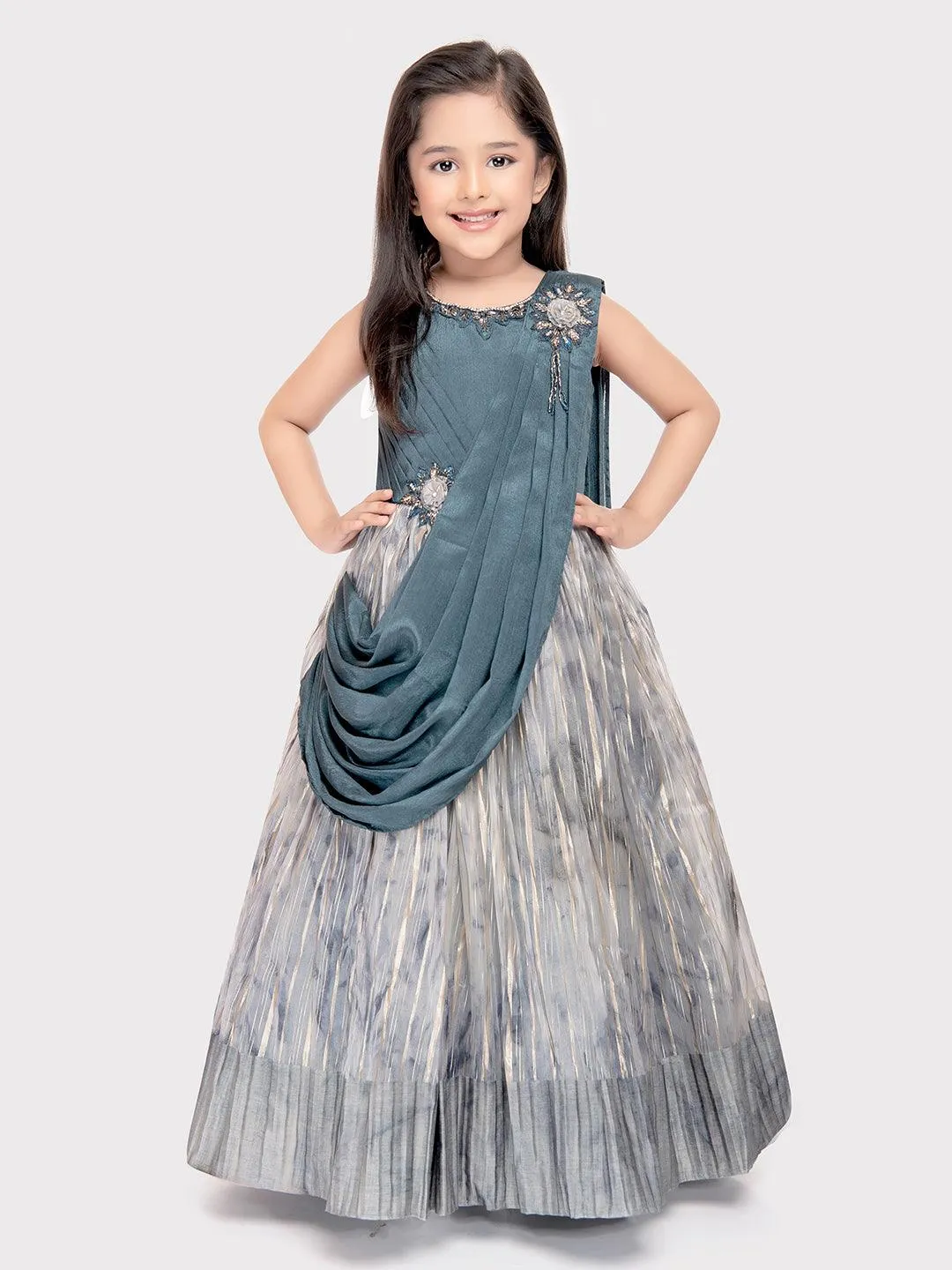 Grey Coloured Simple Dupatta Style Ethnic Wear Gown For Girls \ Party Wear Gown For Girls