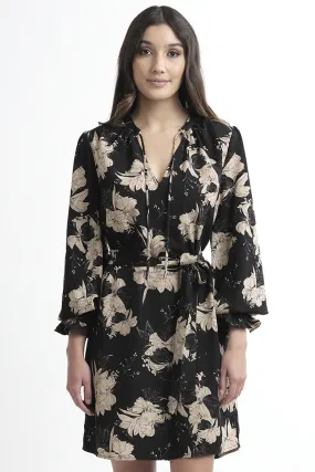 Honey LS Black Nude Hibiscus Floral Dress