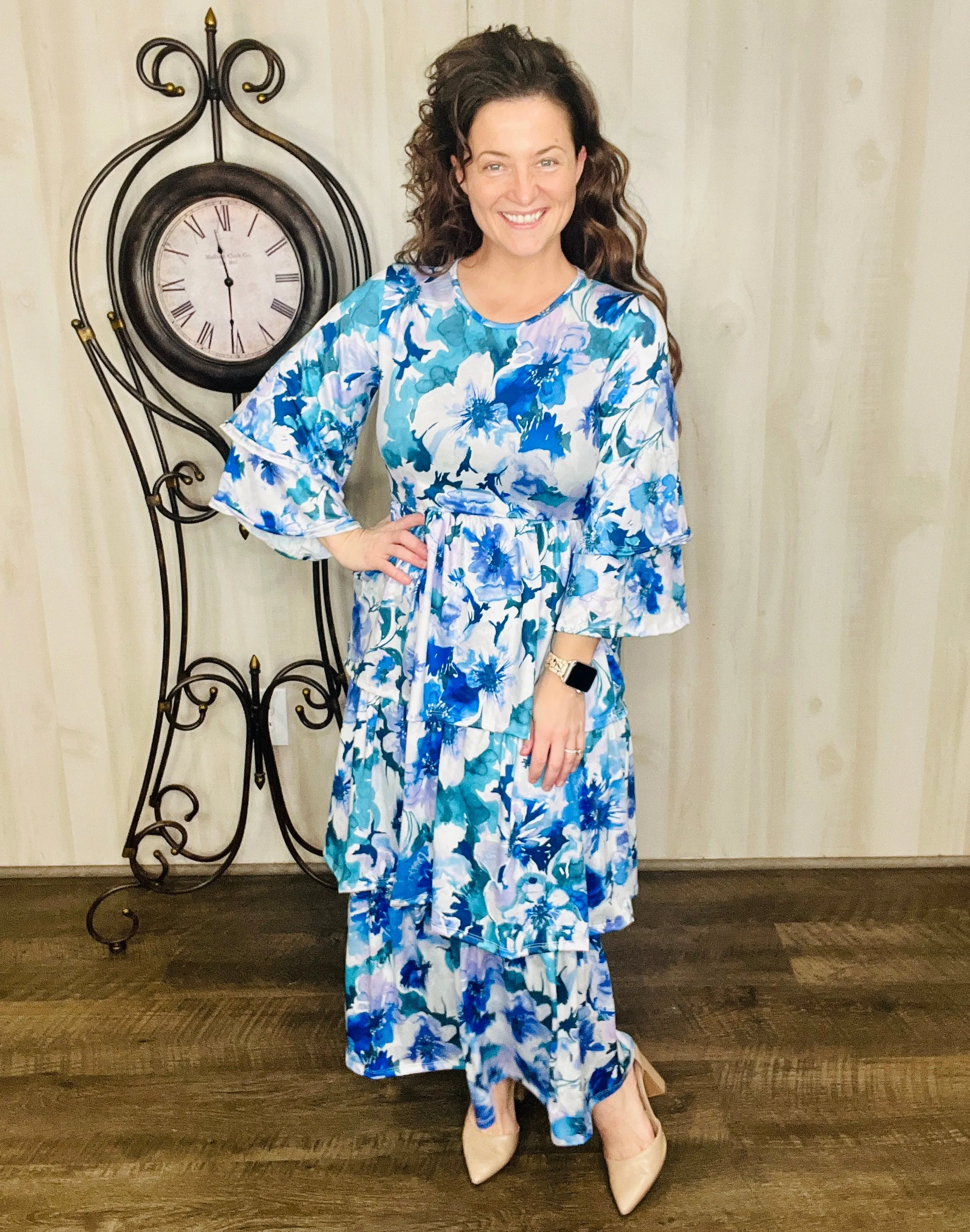 Juliet Ruffle Dress- Blue Floral Garden