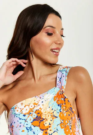 Liquorish Multicolour Floral Print One Shoulder Mini Dress