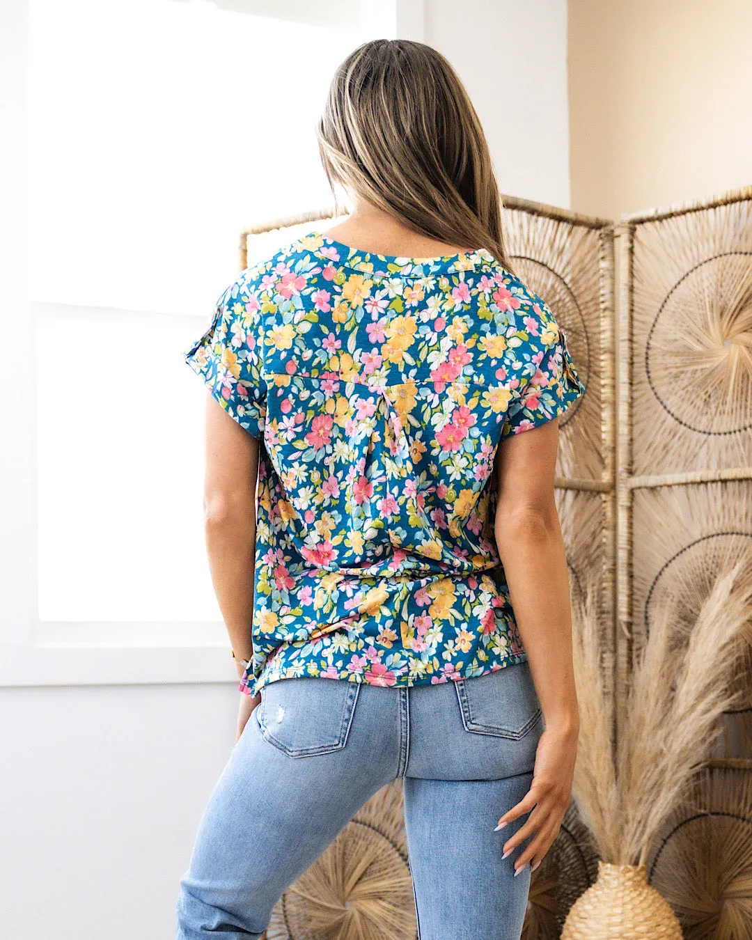 Lizzie Notched Neck Floral Top - Teal Multi