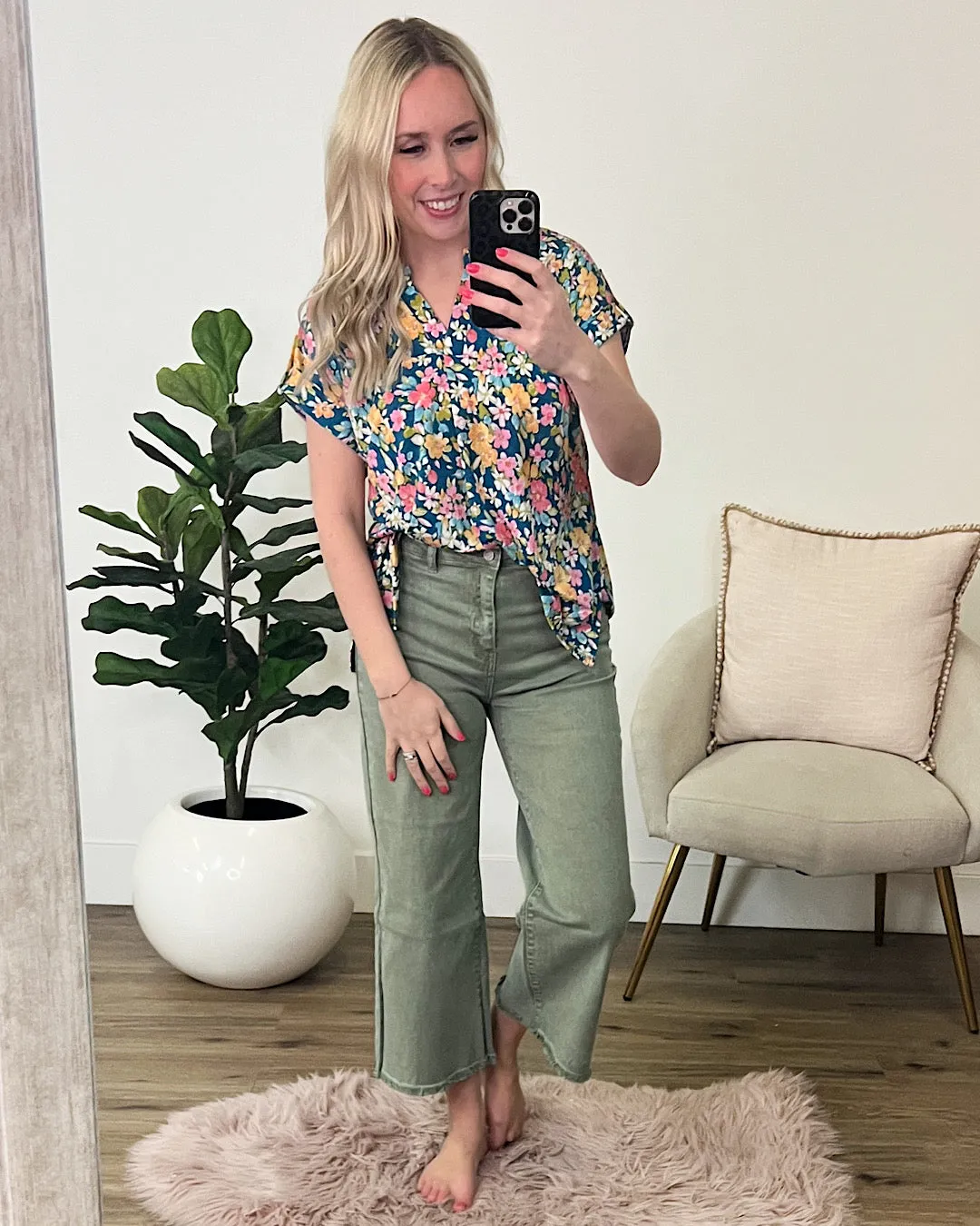 Lizzie Notched Neck Floral Top - Teal Multi