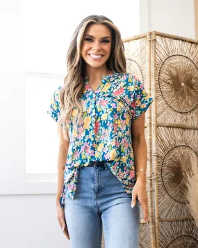 Lizzie Notched Neck Floral Top - Teal Multi