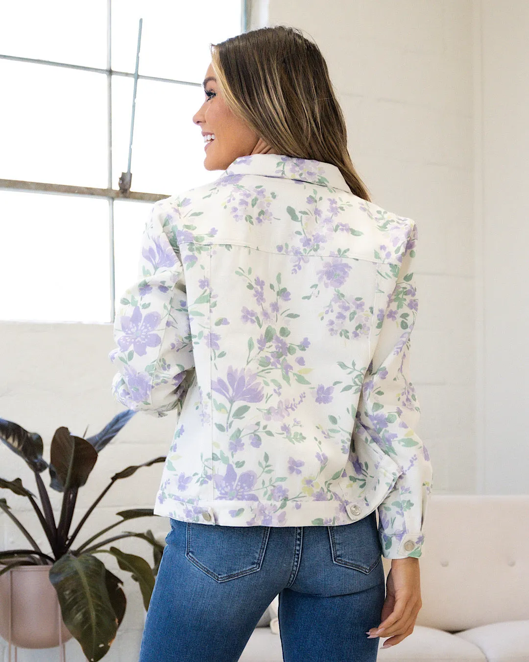 NEW! Daniela Ivory Denim Jacket with Lavender Floral Print