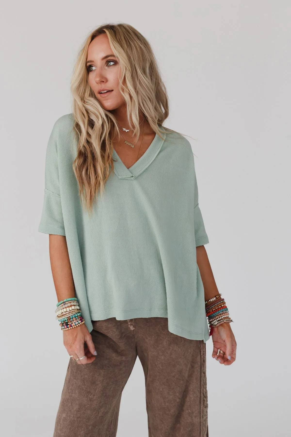 On The Go V Neck Ribbed Essential Tee - Sage