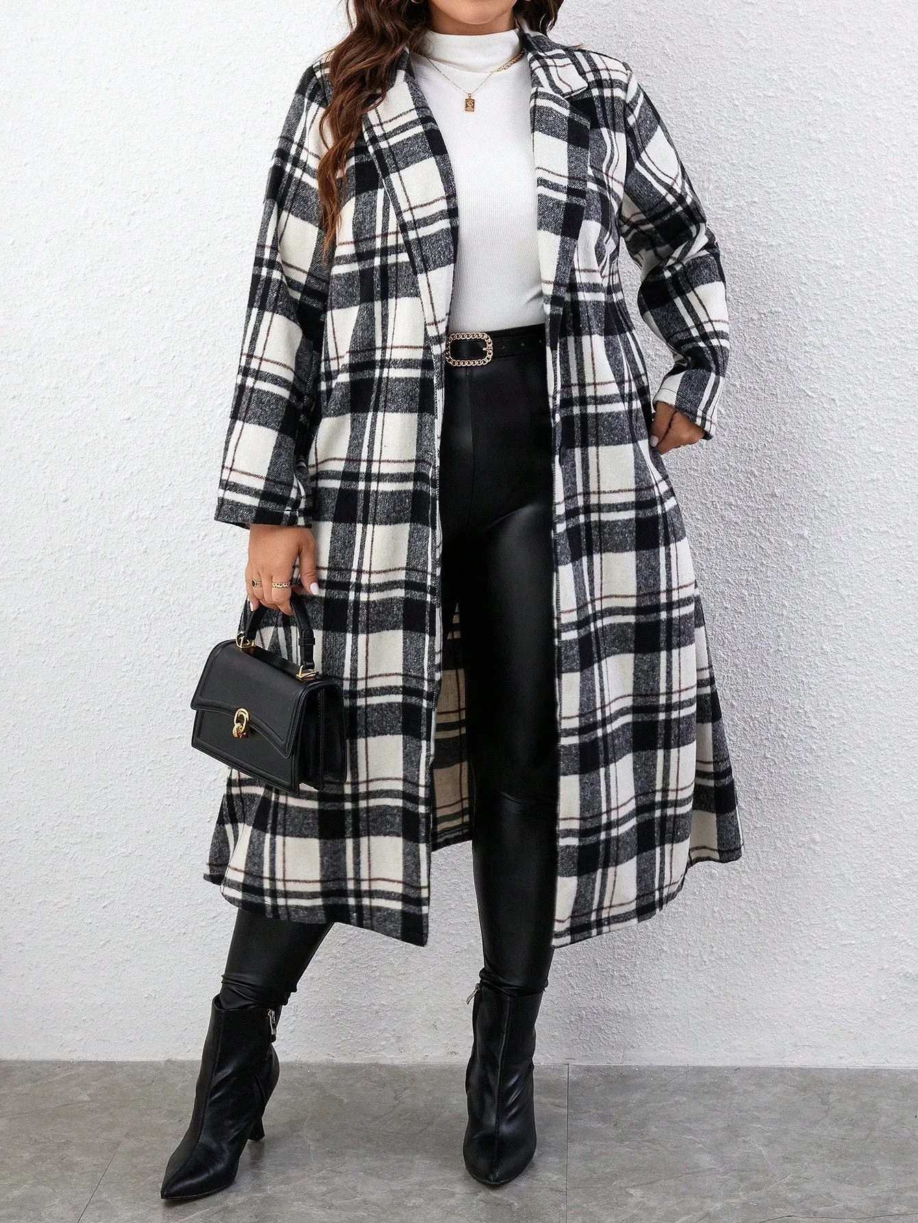 Plus Plaid Lapel Neck Overcoat