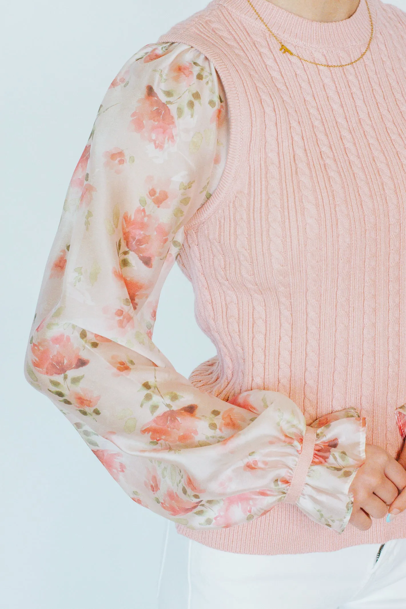 Pursuing Sweetness Floral Print Cable Knit Sweater