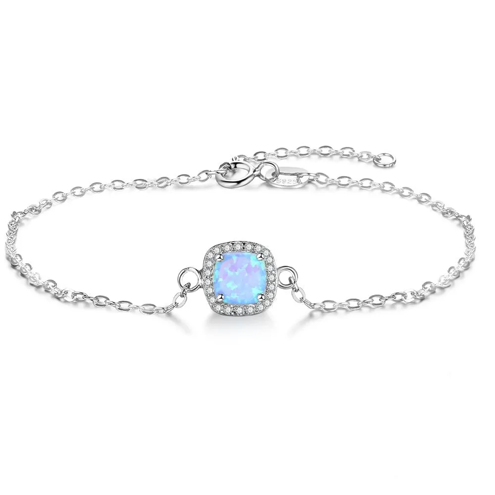 Sterling Silver Square Created Blue Opal Bracelet