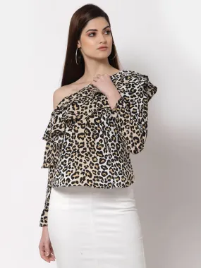 Style Quotient Beige Animal Print One Shoulder Crepe Top