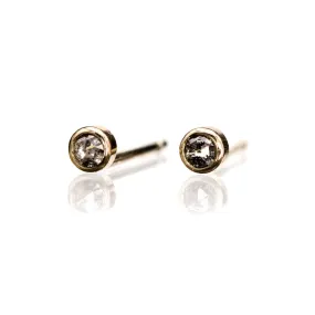 Tiny Gray Salt & Pepper Rose Cut Diamond Bezel Gold or Platinum Stud Earrings