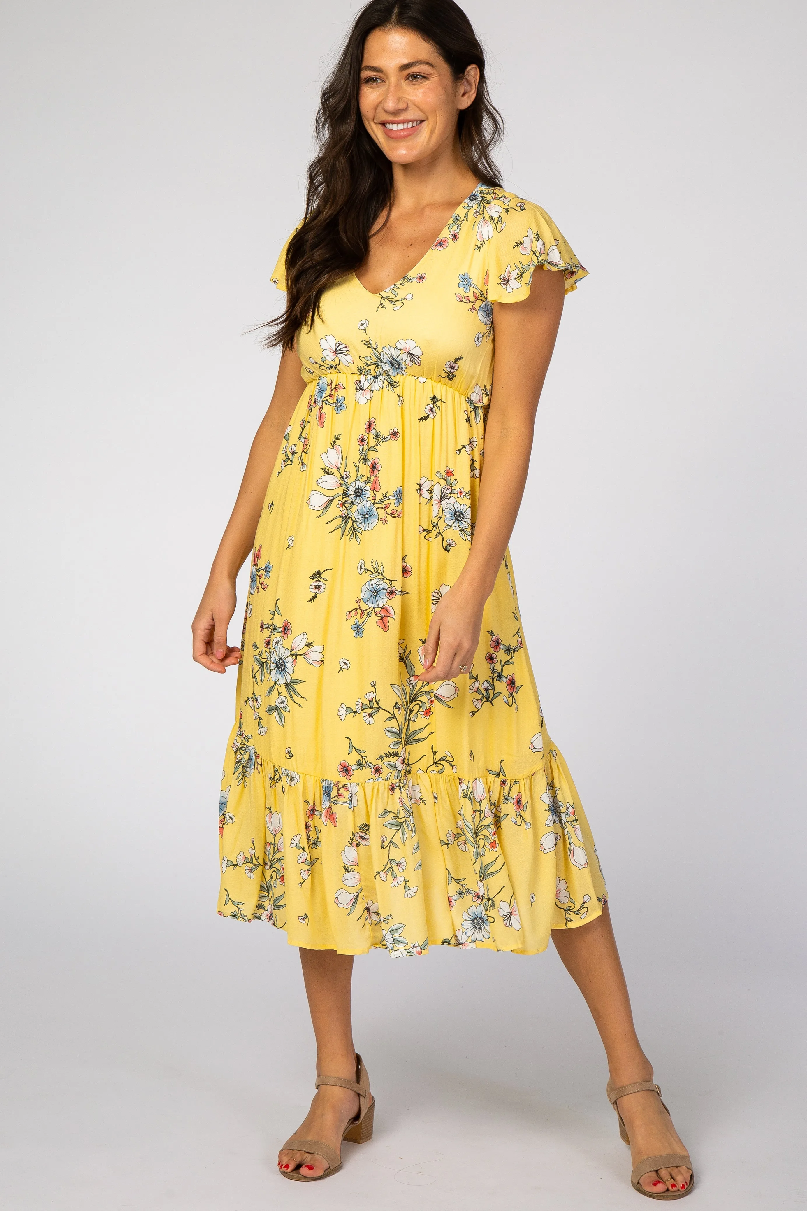 Yellow Floral Flounce Sleeve Midi Maternity Dress